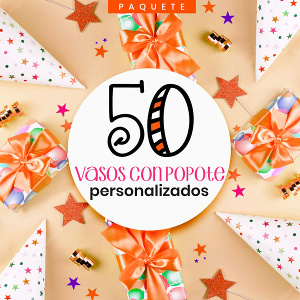 paquete de 50 vasos con popote personalizados