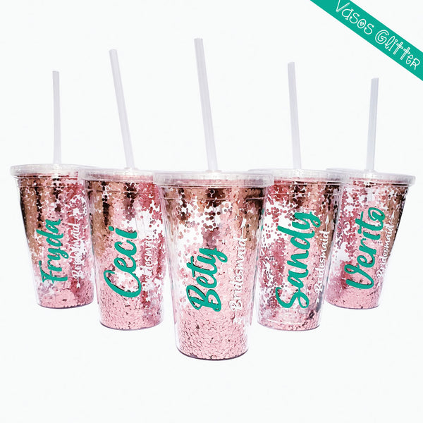 vasos glitter de doble pared con brillantina para novia y sus damas de honor