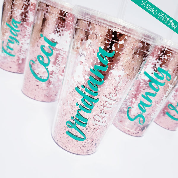 vasos glitter de doble pared con brillantina para novia y sus damas de honor